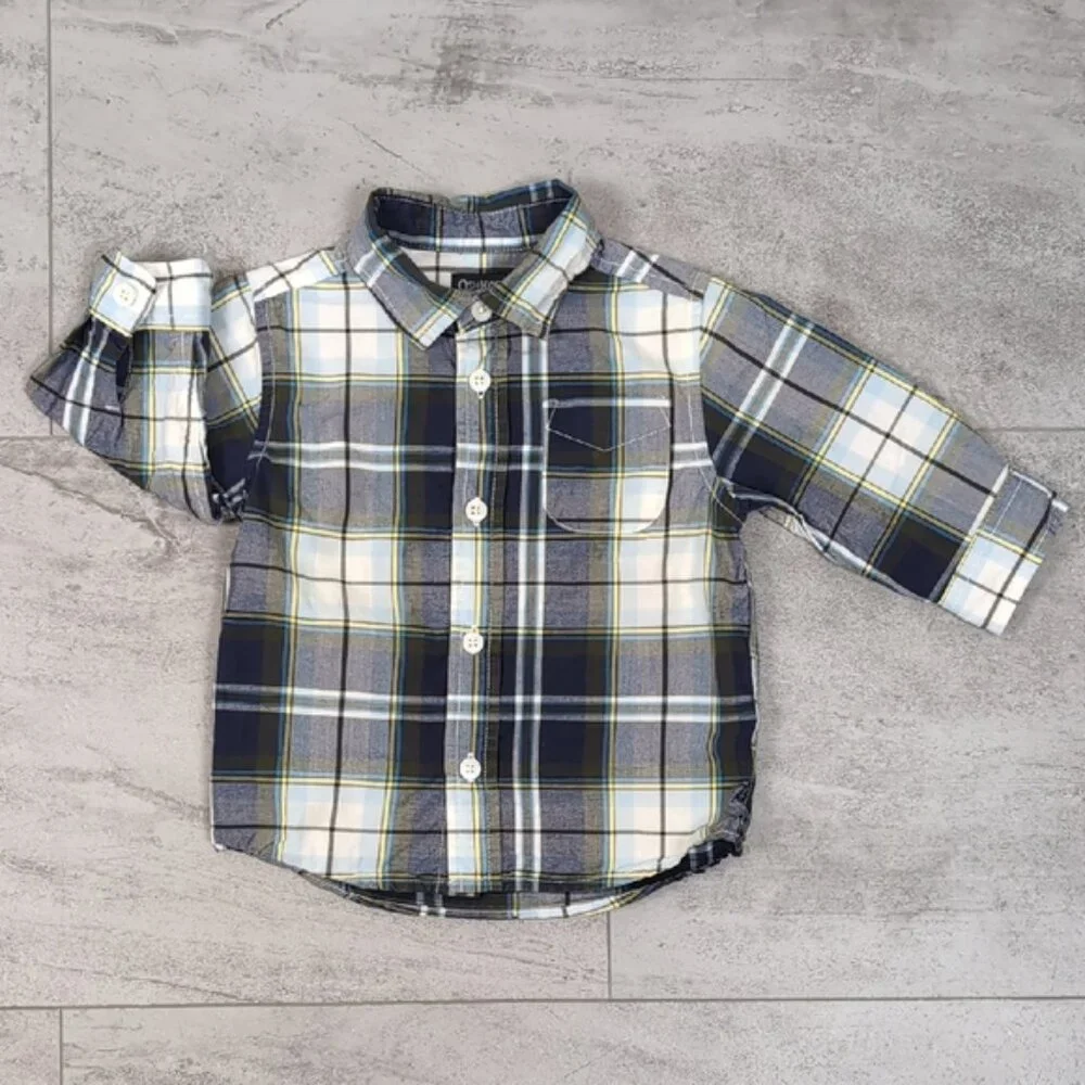 OshKosh Plaid Button Down Shirt Baby Boy 12m Long Sleeve Western Style Top